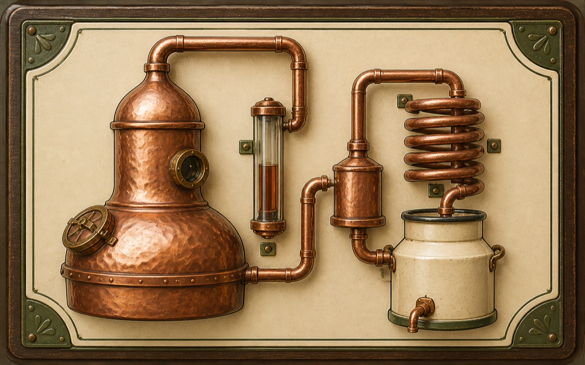 A copper still, coil, gauge and receiver on an enamel panel